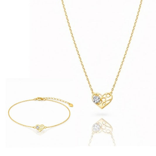 Комплект колие и гривна, стомана с 14-карата златно покритие, ажурно сърце, кубичен цирконий